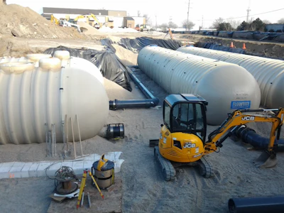 Each tank was set into a 16-foot-deep pea gravel bed with a bottom liner, a nest that will provide an additional 30,000 gallons of capacity. Poblocki and his crew did all the digging and placing of the tanks themselves.