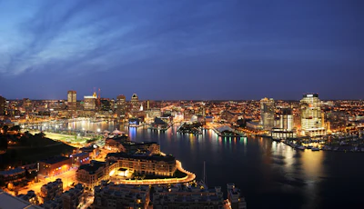 Baltimore skyline at night.