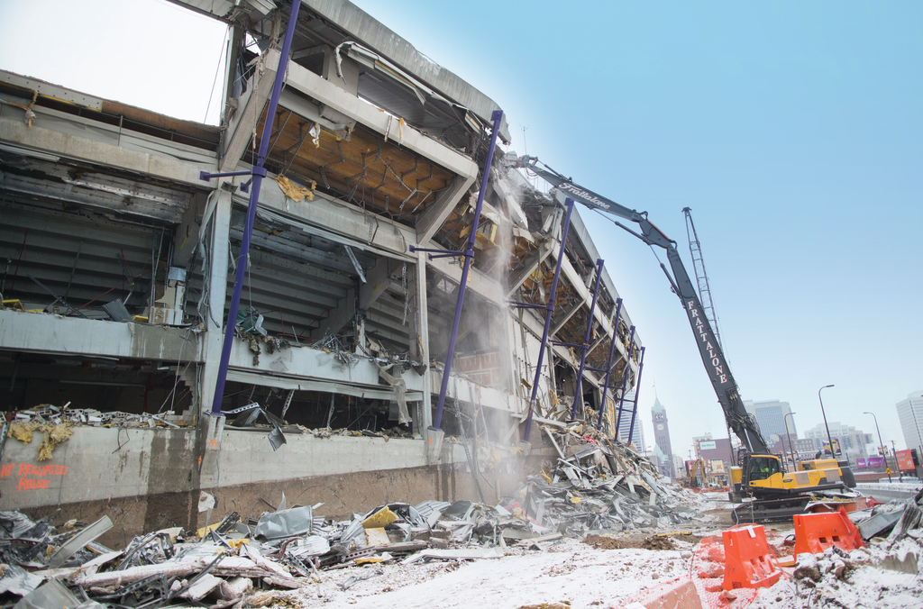 The three largest construction projects underway in the Twin Cities all have a recycling rate of more than 90%, one of which is the new Viking Stadium. Pictured here is part of that project, the demolition of the old Metrodome.