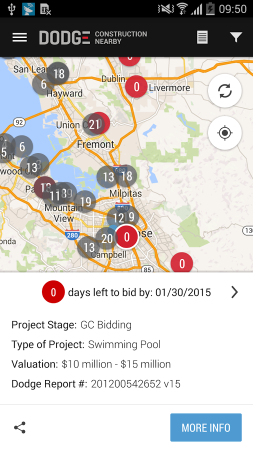 Nearby active construction projects are displayed as “job dots” on a map, and contractors can instantly find out not only where the job is but also when it is, job size, project stage, construction type and bid date.