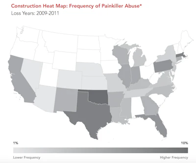 The frequency of injured employees with a high probability of painkiller abuse can be depicted by state. In general, the darker areas indicate higher frequencies of painkiller abuse among injured construction employees.