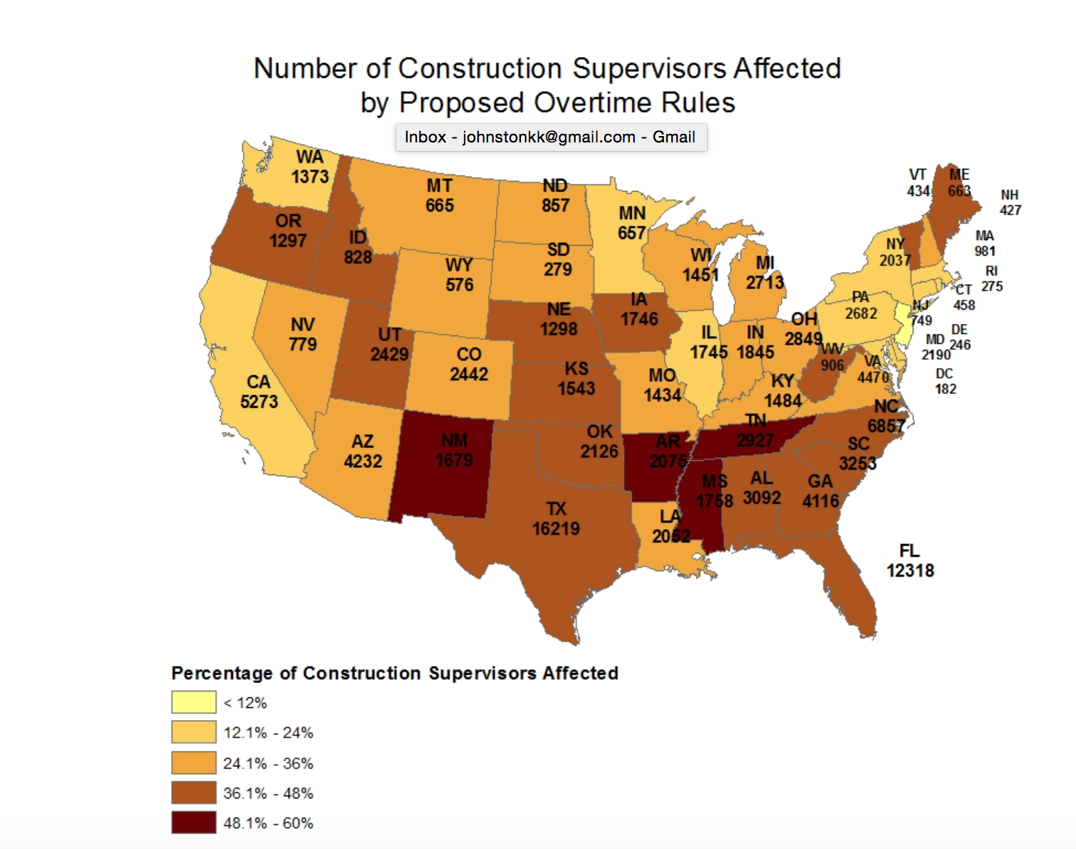 This map represents the numbers of construction supervisors, in both residential and nonresidential building, who would be affected by changing the overtime standard from $23,660 per year to $50,440 per year. The map also charts the percentage of supervisors in each state who would be affected.