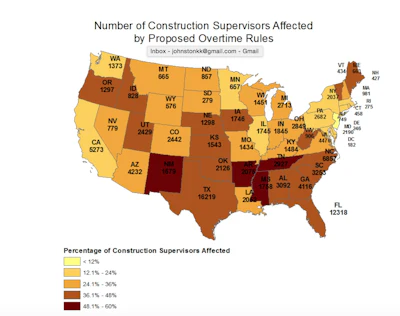This map represents the numbers of construction supervisors, in both residential and nonresidential building, who would be affected by changing the overtime standard from $23,660 per year to $50,440 per year. The map also charts the percentage of supervisors in each state who would be affected.