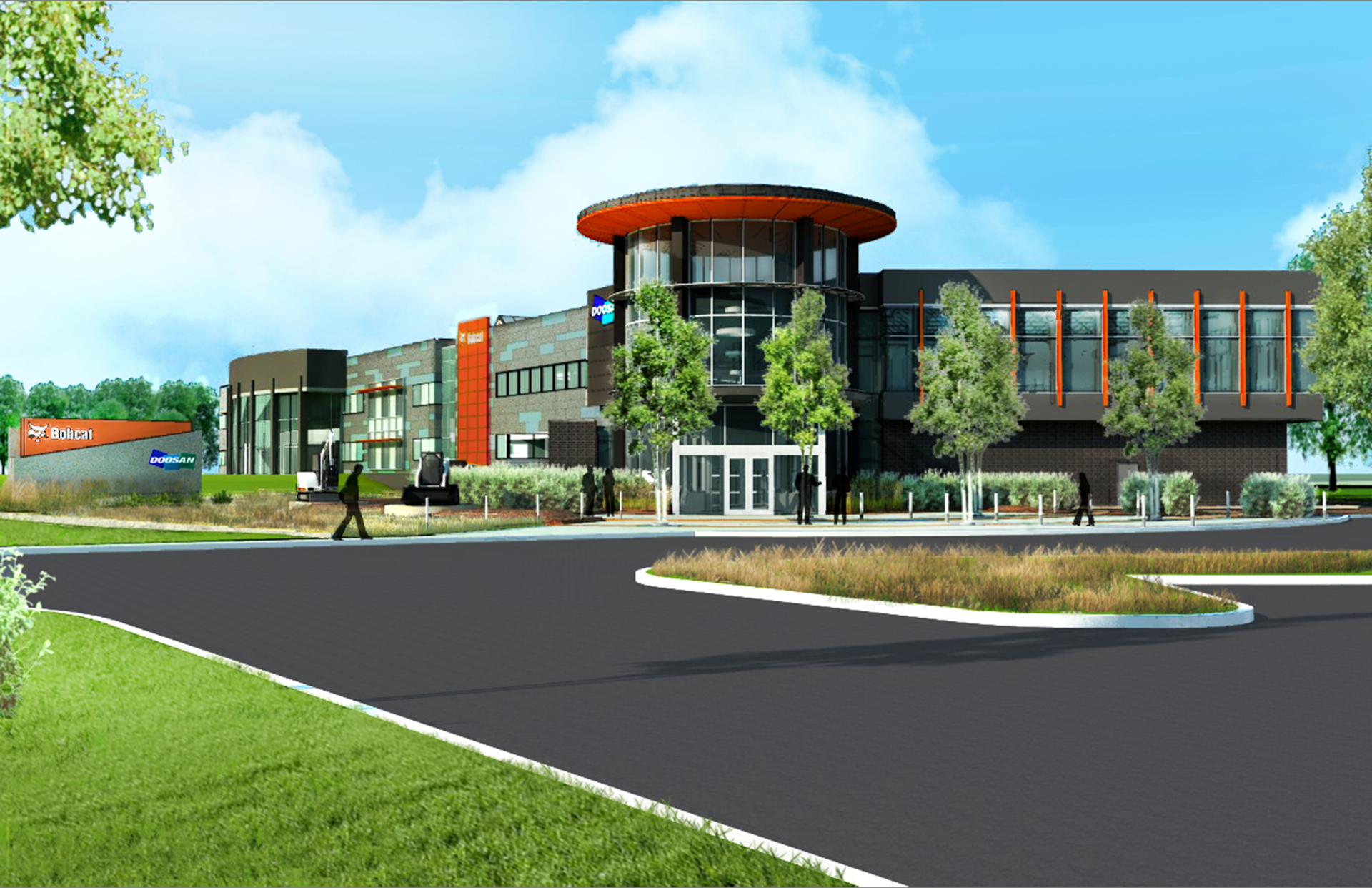 Architectural rendering shows the new front entrance to the new $9.5 million Bobcat and Doosan facility, West Fargo, ND.