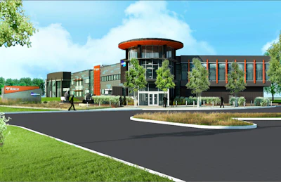 Architectural rendering shows the new front entrance to the new $9.5 million Bobcat and Doosan facility, West Fargo, ND.