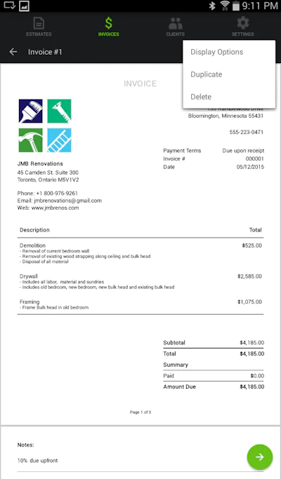 Customize estimates and invoices with a company logo, info, etc.