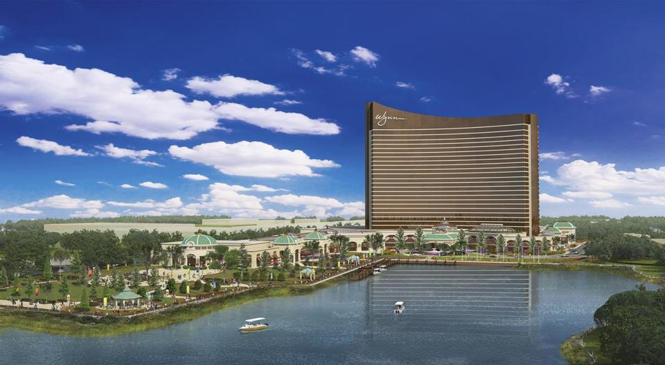 An architectural rendering shows the Wynn casino project in Everett, on 33 acres overlooking the Mystic River.