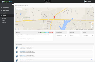All reports submitted through the mobile app are geo-tagged based on a user's current location. This feature allows managers to respond to incidents faster and more accurately. In addition, the geo-tagging helps if employees forget to include location details when submitting text or photos.