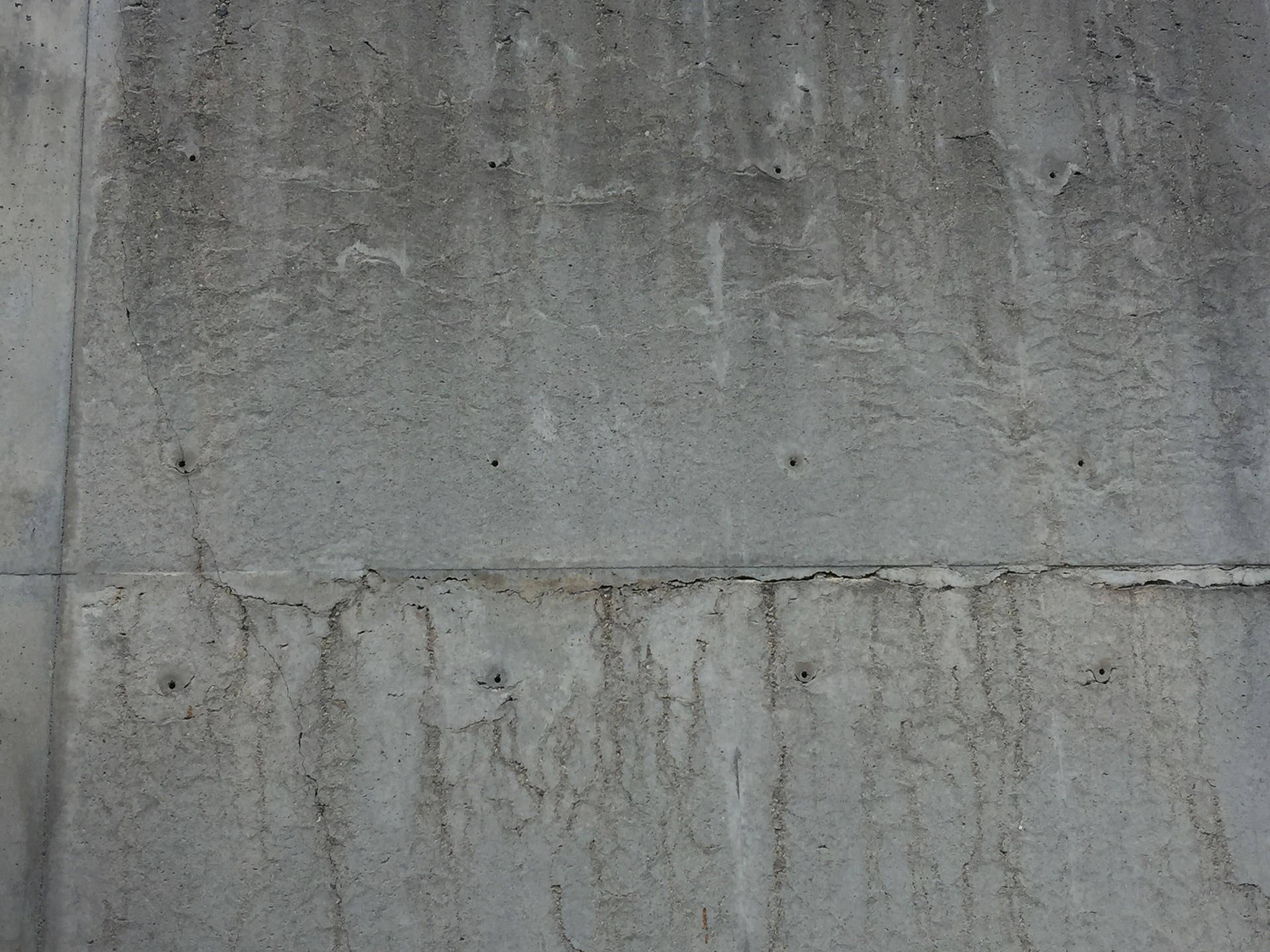 Lines formed by the bubbling and subsequent movement of hydrogen at the interface of new, untreated aluminum forms and concrete prior to initial set are commonly misunderstood as cracks. This wall is more than fifteen years old and exposed throughout its duration with no protective coating. It is a yard wall formed for the sole purpose of pre-treating new aluminum forms, a process they no longer use due to manufacturer pre-treatments.