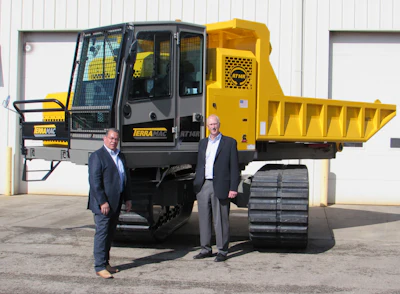 Mike Crimaldi, CEO of Terramac (left), and Andrew Konopka, President of Terramac (right), at the RT14R Tow & Show kick-off event at the company’s US headquarters in Elburn, IL.