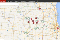 This EAMS overview screen shows individual Helm Group machines on location as red dots. Arrows in the dots show direction of travel, and a square in the dot shows the machine is stopped. Circles with numbers inside represent clusters of assets, with the number representing how many units are on site. As you zoom in the cluster spreads apart to reveal the individual assets.