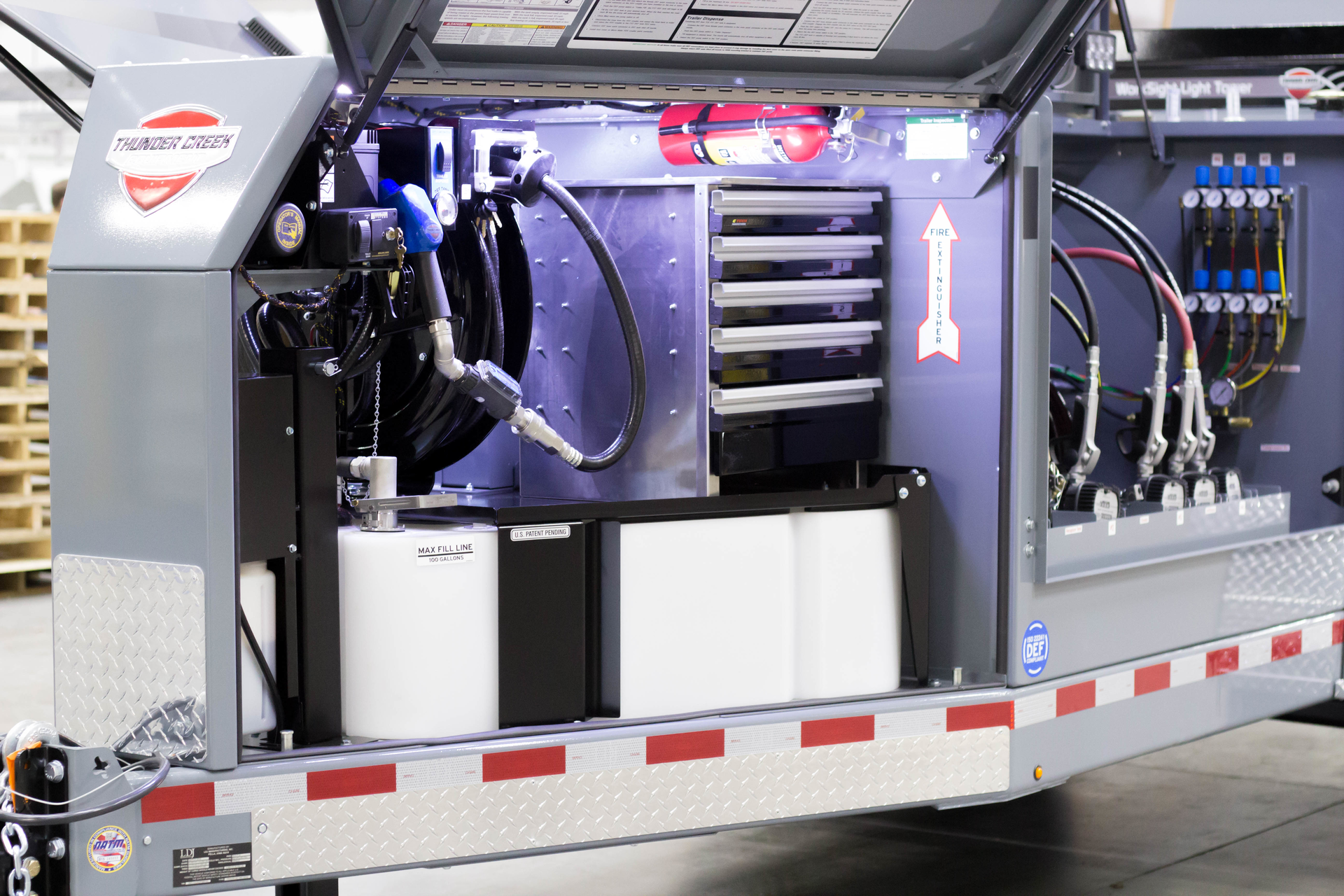 Thunder Creek Equipment’s closed diesel exhaust fluid (DEF) delivery system connects the DEF tank with the bulk DEF container through a closed coupler. On the jobsite, the coupler is replaced with a DEF nozzle for dispensing into the machine, ensuring minimal exposure to outside elements that can throw DEF out of compliance.