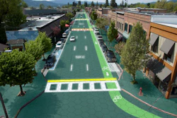 Artist's rendition of downtown Sandpoint, Idaho, with a road designed by Solar Roadway. The company is working with the Missouri Department of Transportation to test a solar road in Conway, Mo.