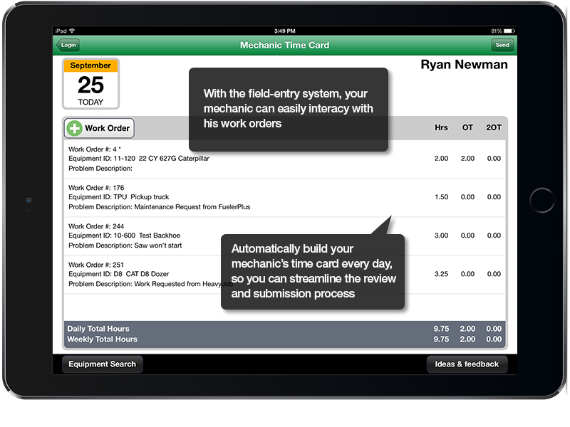 Mechanics and technicians can work offline in remote locations and use tablets to schedule jobs, check equipment status, work orders, inventories, time cards and more.