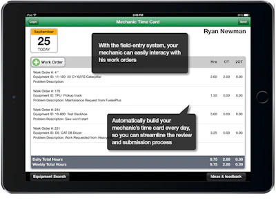 Mechanics and technicians can work offline in remote locations and use tablets to schedule jobs, check equipment status, work orders, inventories, time cards and more.