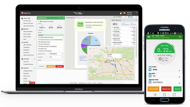 Employees can clock in and out on their desktop, laptop, or mobile phone—using iPhone or Android apps, text messaging or dial in. It even works offline and has voice commands in English and Spanish.