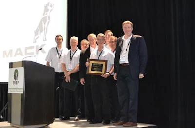 Mack Trucks was honored by the Environmental Research & Education Foundation (EREF) for its long-standing support of the organization’s research and education efforts around sustainable waste management. Curtis Dorwart, Mack refuse product manager (with plaque), was also recognized for his years of dedication and advocacy on behalf of EREF.