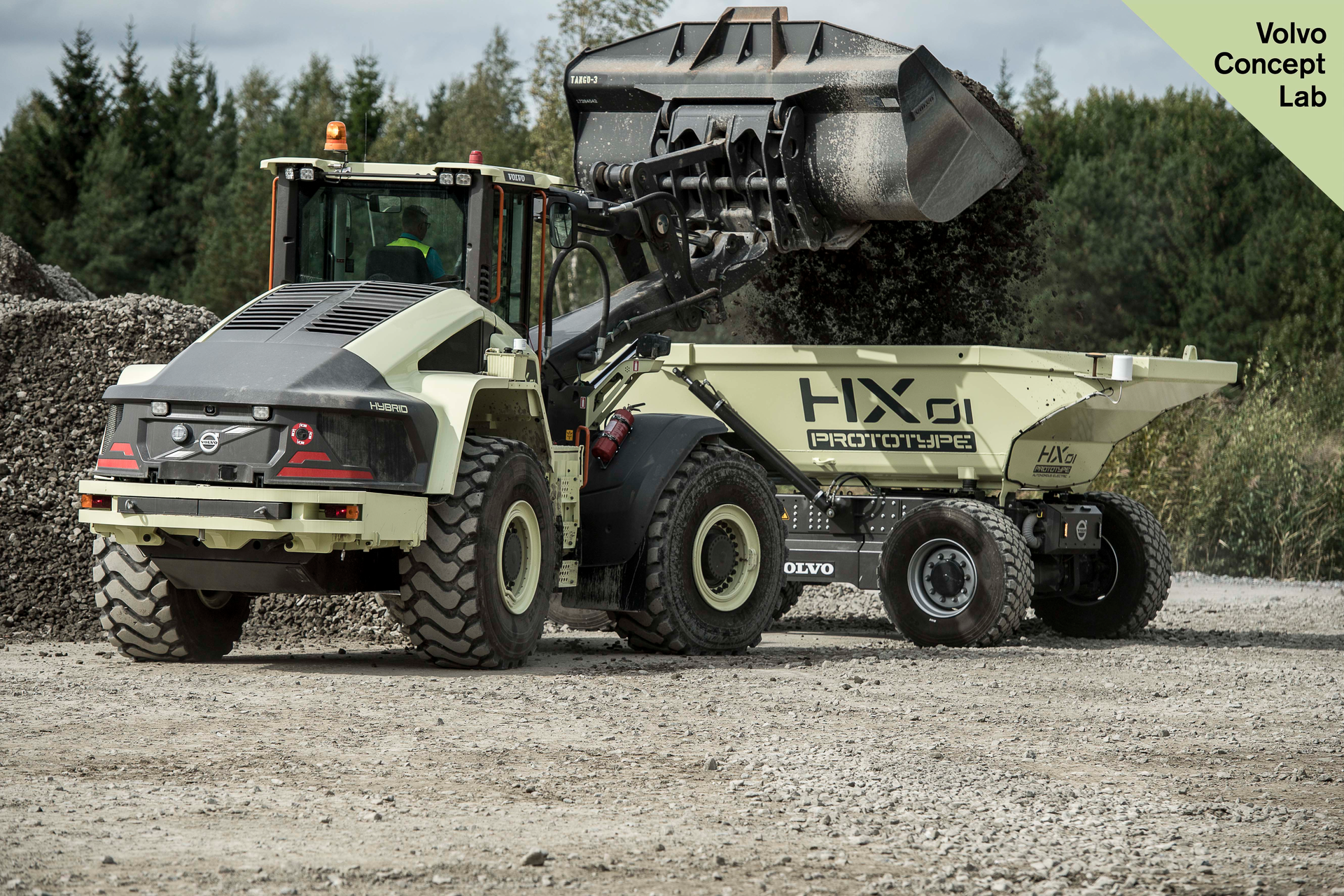 Volvo Construction Equipment's concept HX1 autonomous, battery-electric, load carrier and the LX1 prototype electric hybrid wheel loader.