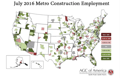 The largest job losses from July 2015 to July 2016 were in Louisville/Jefferson County, Ky.-Ind. followed by New Orleans-Metairie, La., Birmingham- Hoover, Ala. and Anchorage, Alaska
