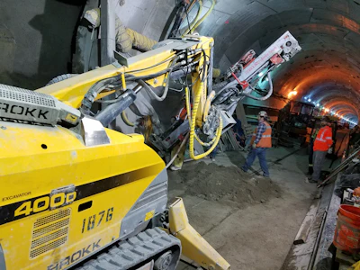 Workers use a Brokk 400D with a TEI 350 rock drill to drill through a tunnel wall. Crews used the attachment to drill holes for steel spiles, well points and freeze pipes.