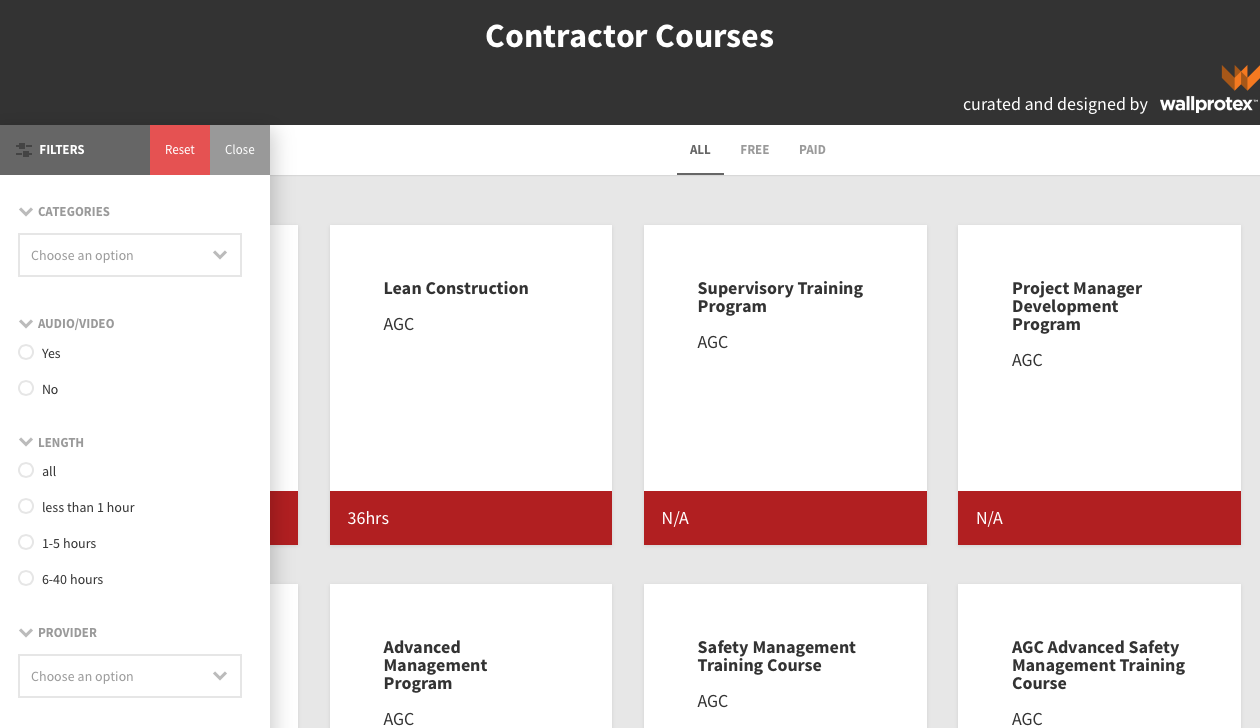 The Contractor Courses website features a simple, easy-to-use design that allows you to either scroll through all the courses listed on the site or filter by one or many filter options.