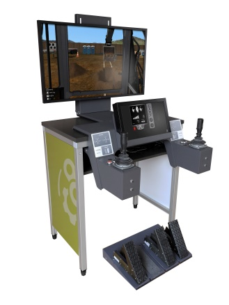 Vortex Advantage simulator runs tower crane, mobile crane, overhead crane, boom truck, wheel loader, backhoe loader, and excavator operator training modules.