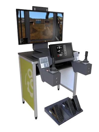 Vortex Advantage simulator runs tower crane, mobile crane, overhead crane, boom truck, wheel loader, backhoe loader, and excavator operator training modules.