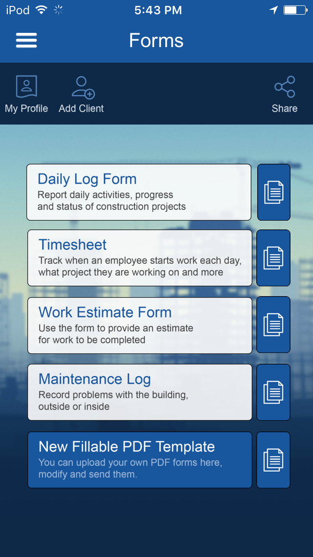 Construction Manager lets users fill out and share forms such as maintenance logs, daily reports, job estimator and weekly timesheets.