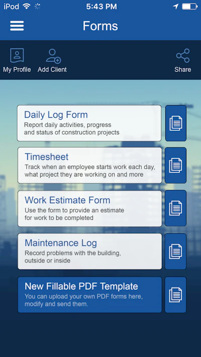 Construction Manager lets users fill out and share forms such as maintenance logs, daily reports, job estimator and weekly timesheets.