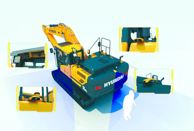 The Hyundai All-Around View Monitoring System (AAVM) is a four-camera system that provides a 360-degree view around the machine.