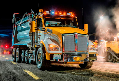 Depending upon the location of the paving project, Tucci & Sons has found that in many cases its Kenworth T880 Super Dumps can haul up to 10 percent more asphalt in a single day than the end-dump trailers they replaced.
