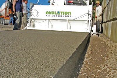 Contractors install pervious concrete using a slipform paver, model by Evolution Paving Resources.