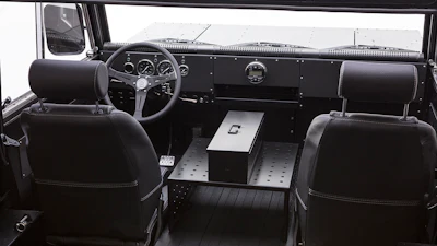 Battery and drivetrain installed in the chassis leaves a clean, nearly flat floor with 49-in. cargo width to accommodate 4x8 sheeting.