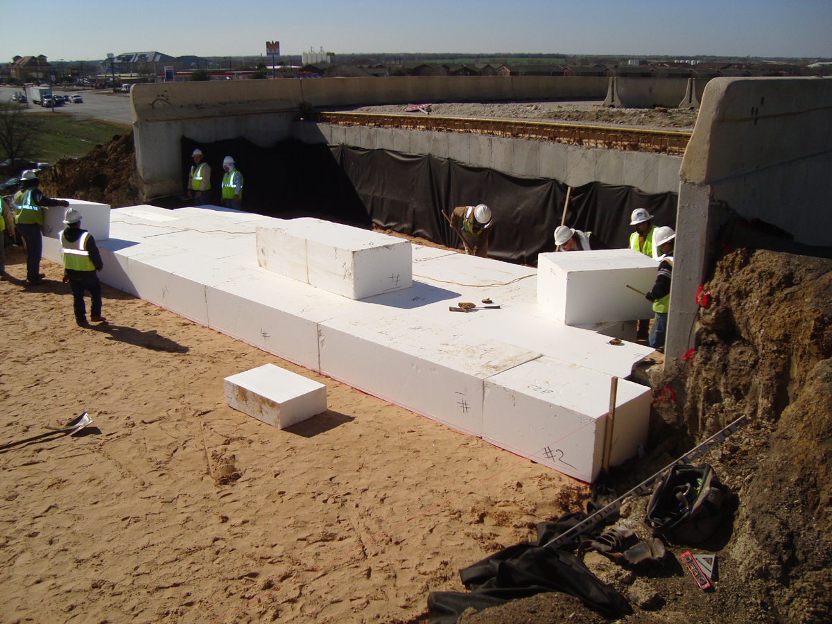 One embankment was filled with Geofoam blocks as alternative fill material. The other embankment was filled with lightweight clay aggregate.