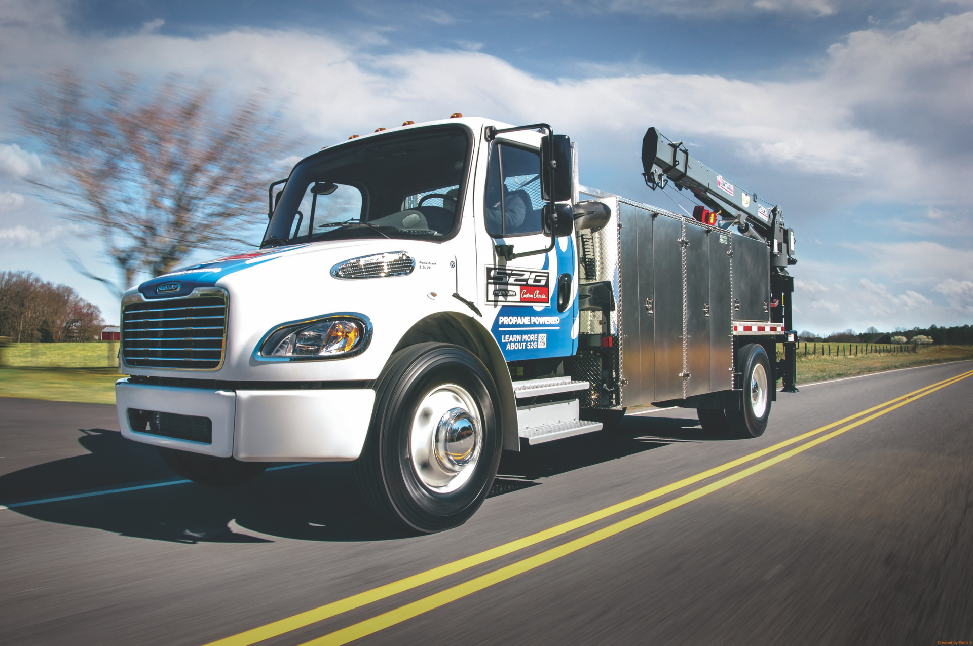 Propane can offer economic and environmental benefits in both on- and off-road applications. Shown is the Freightliner S2G, a 33,000-lb. GVW propane-powered truck.