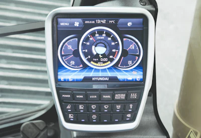 The operator can view the status of all major components and functions through the Hyundai interactive, adjustable touchscreen monitor. The operator can control these systems via push buttons, the touch screen monitor itself or a haptic control that is positioned right at his fingertips.