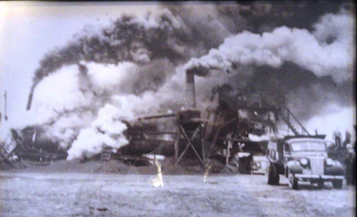 Cliff's dad was the loader operator at this Barber Greene batch plant in 1948. He said an 'Overzealous plant operator got the mix too hot and set the thing on fire.'
