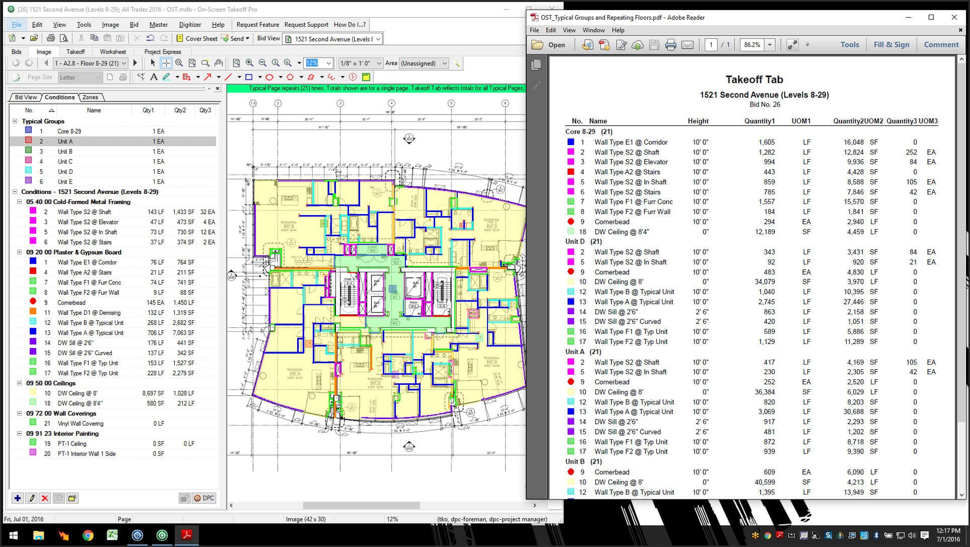 The Repeat feature of On Center Software’s On-Screen Takeoff module allows the end-user to capture quantity results on one drawing and then replicate those results with the click of a button (sample project shown). A materials list and model are to the left; to the right is a PDF of information pertaining to the project’s typical groups and repeating floors.