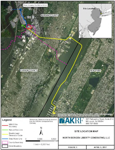 Red box is the boundary of the proposed North Bergen Liberty Generating Station site. Green line is the link to the Williams Companies' Transco natural-gas pipeline. The yellow line is an underground transmission cable to ConEd's substation on West 49th St. in New York City. The blue line is a connection to the Bergen County Utilities Authority for water.