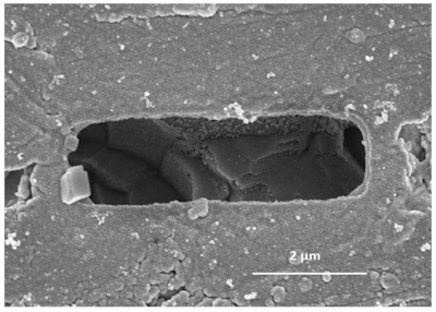 Figure 6c: Images of the gap in C3S sample after 4 hours of hydration exposed to a) pure water, b) 60mM sodium aluminate at pH 12.5: low dissolution, c) 60mM sodium aluminate at pH 13: large dissolution, d) 0.3% superplasticizer: low dissolution compare to pure water from Suraneni and Flatt [20]