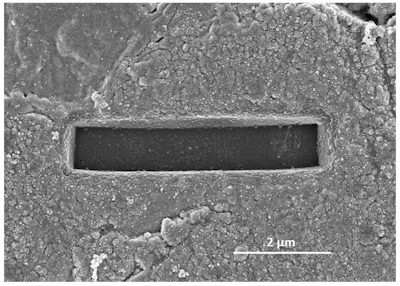 Figure 6d: Images of the gap in C3S sample after 4 hours of hydration exposed to a) pure water, b) 60mM sodium aluminate at pH 12.5: low dissolution, c) 60mM sodium aluminate at pH 13: large dissolution, d) 0.3% superplasticizer: low dissolution compare to pure water from Suraneni and Flatt [20]