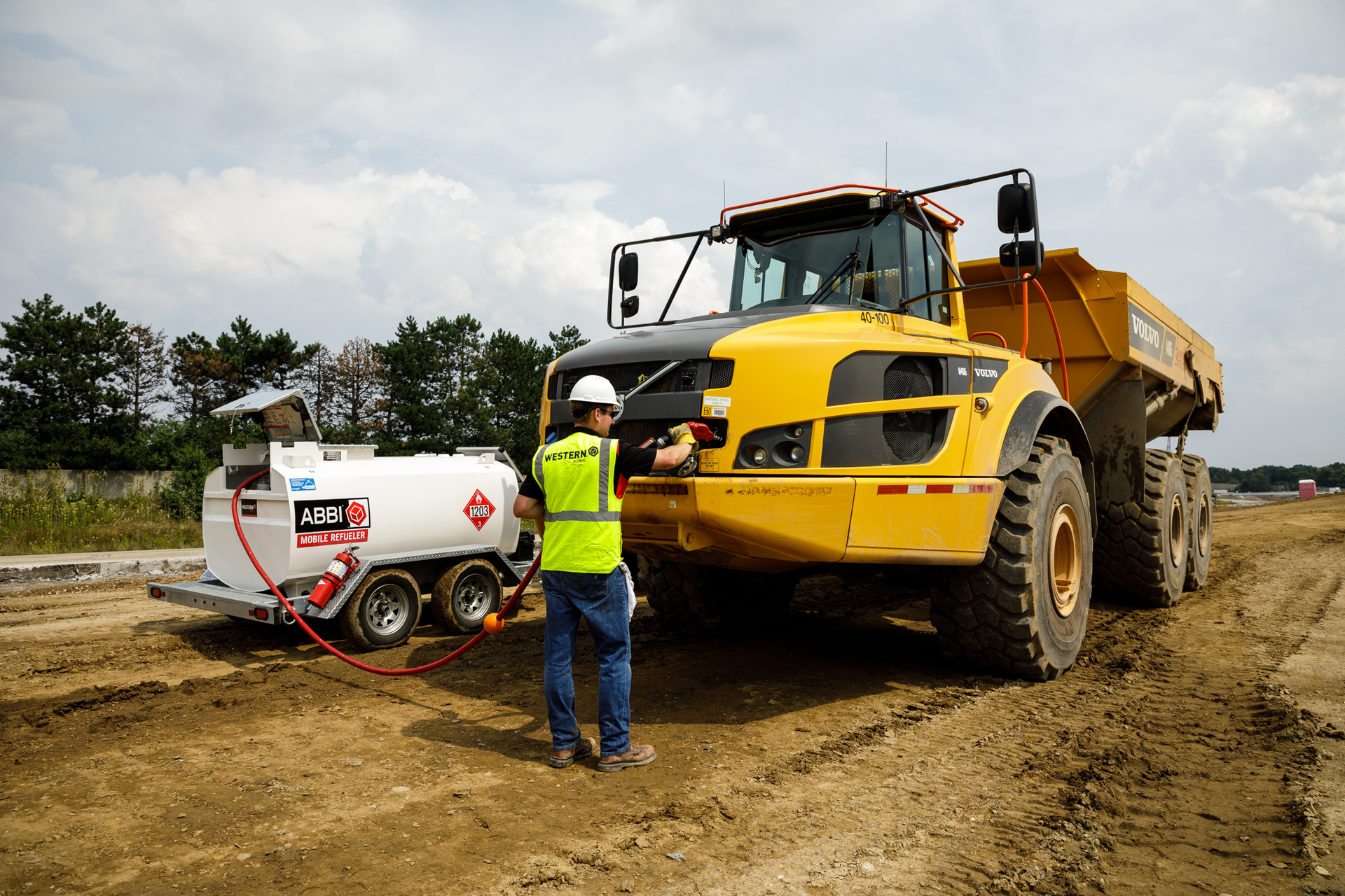 An ABBI Mobile Refueler is mounted to a DOT-approved highway trailer with electric brakes for easy transportation to and around jobsites.