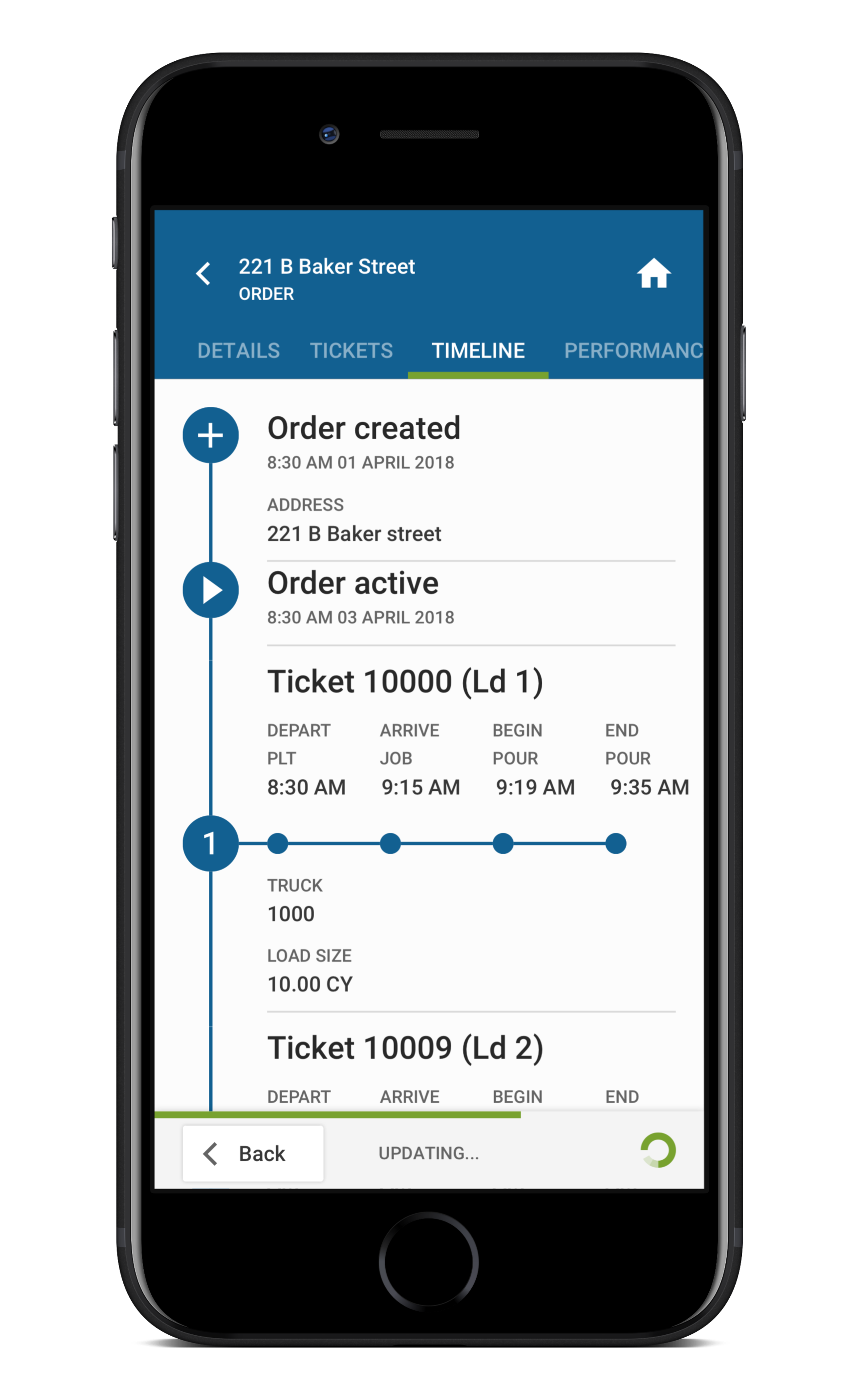BCMI Corp.’s Material Now app provides contractors with all they need to know about their concrete orders and can be used as a virtual filing cabinet that houses past ticket data. Pictured here is an order timeline for a concrete finisher.