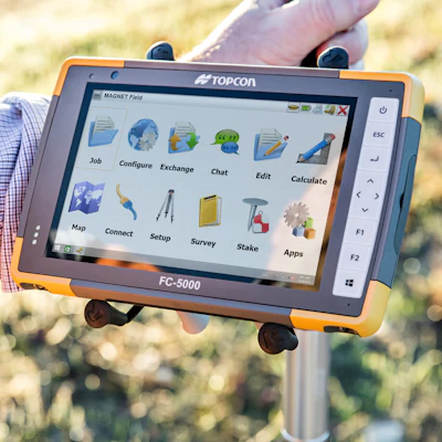 Topcon’s FC-5000 Field Controller runs Windows 10 on fast processors for calculating volumes and making comparisons on a sunlight-readable 7-in. display.