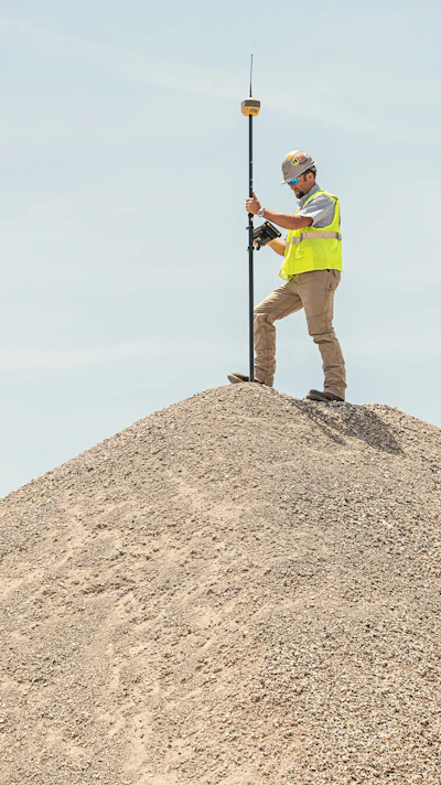 Rovers, such as this Topcon HiPer HR GNSS Receiver, can measure most features on a job site, including stockpile volumes, for gauging production and predicting resource needs.
