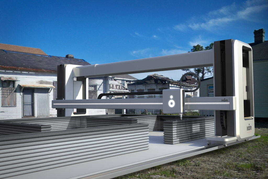 Rendering of Vulcan II 3D printer printing a 'Lavacrete' home.