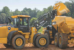 For its mid-size L-Series wheel loaders John Deere updated its pilot hydraulic controls to EH controls.