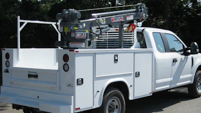 The Venturo ET12KX-P electric-hydraulic service crane can be installed on trucks with a minimum 8,800-lb. GVWR. It features a 12,000-ft.-lb. rating and a 3,500-lb. maximum capacity.