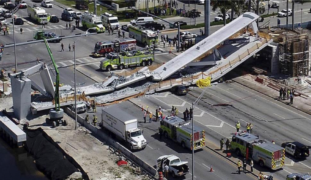 Collapsed pedestrian bridge at FIU in 2018.