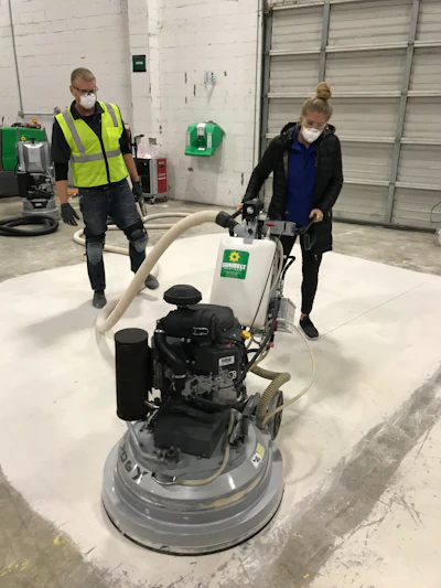 Paint and epoxy were removed with a propane-fired Lavina 30-GTX forced belt-driven planetary grinder.